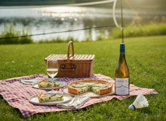 Spargelquiche mit Bärlauchfülle auf rot karierter Picknickdecke am See, daneben ein Glas hellgoldener Chardonnay, Main Divide Flasche und Picknickkorb, Badminton-Netz im Hintergrund, weißer Federball im Gras – Wein aus Neuseeland zum Sommerpicknick