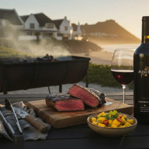Zwei aufgeschnittene Straußensteaks vom Grill auf einem Holzbrett mit bunter Mango-Salsa, daneben ein breites Rotweinglas mit tiefrotem Bordeaux-Blend, Holzkohlegrill im unscharfen Hintergrund