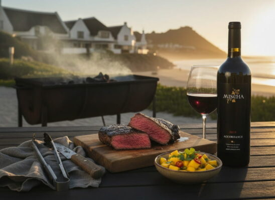 Zwei aufgeschnittene Straußensteaks vom Grill auf einem Holzbrett mit bunter Mango-Salsa, daneben ein breites Rotweinglas mit tiefrotem Bordeaux-Blend, Holzkohlegrill im unscharfen Hintergrund