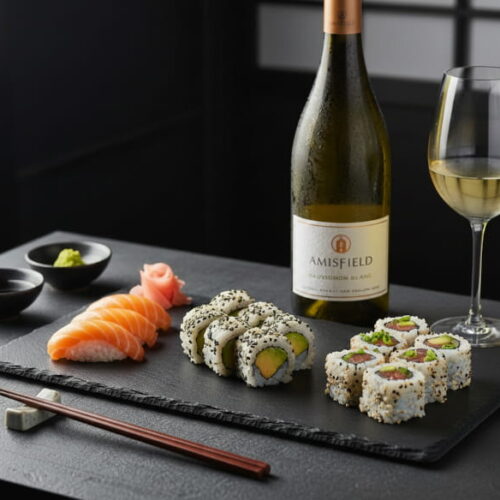 Sushi-Platte mit Lachs-Nigiri, Avocado-Maki und Spicy Tuna Roll auf schwarzem Schieferbrett, daneben ein Weinglas mit hellgoldenem Sauvignon Blanc, Sojasauce und Wasabi