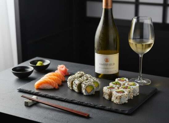 Sushi-Platte mit Lachs-Nigiri, Avocado-Maki und Spicy Tuna Roll auf schwarzem Schieferbrett, daneben ein Weinglas mit hellgoldenem Sauvignon Blanc, Sojasauce und Wasabi