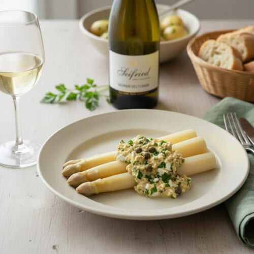 Weißer Spargel auf cremefarbenem Teller, daneben Sauce Gribiche mit sichtbaren Kapernstücken, Kräutern und Ei, rechts ein schlankes Weißweinglas mit hellgelbem Grünem Veltliner, frühlingshaftes Tageslicht