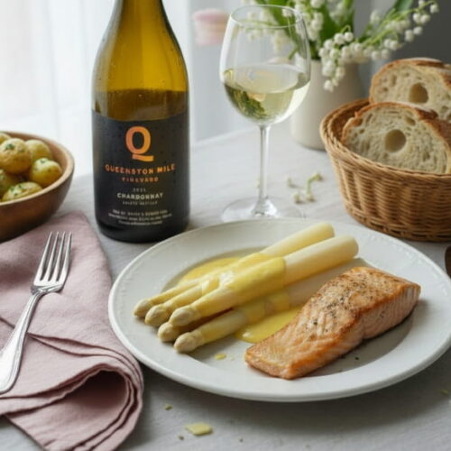 Weißer Spargel mit goldgelber Sauce Hollandaise und gebratenem Lachsfilet auf elegantem weißen Teller, daneben schlankes Weißweinglas halb gefüllt mit kanadischem Chardonnay, leicht beschlagen