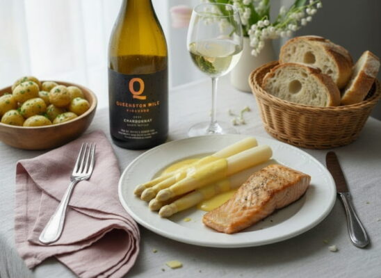 Weißer Spargel mit goldgelber Sauce Hollandaise und gebratenem Lachsfilet auf elegantem weißen Teller, daneben schlankes Weißweinglas halb gefüllt mit kanadischem Chardonnay, leicht beschlagen