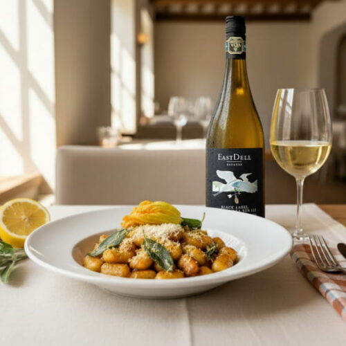 Brown Butter Gnocchi mit knusprigem Salbei, gelben Zucchiniblüten und geriebenem Parmesan in einem tiefen weißen Teller, daneben ein Weißweinglas mit goldgelbem Chardonnay, Zitronenabrieb als Dekoration
