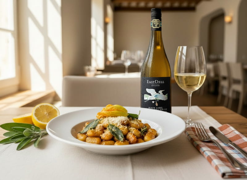 Brown Butter Gnocchi mit knusprigem Salbei, gelben Zucchiniblüten und geriebenem Parmesan in einem tiefen weißen Teller, daneben ein Weißweinglas mit goldgelbem Chardonnay, Zitronenabrieb als Dekoration