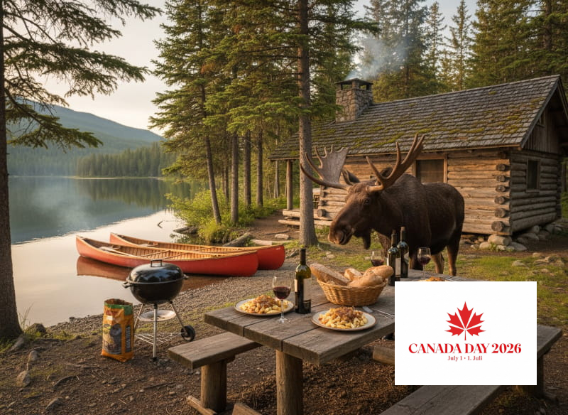 Claude hat geantwortet: > Rustikale Blockhütte an einem stillen Bergsee in Kanada, rote Kanus am Ufer, rauchender Holzkohlegrill, ein verwitterter Holztisch mit offenen Weinflaschen, … Rustikale Blockhütte an einem stillen Bergsee in Kanada, rote Kanus am Ufer, rauchender Holzkohlegrill, ein verwitterter Holztisch mit offenen Weinflaschen, gefüllten Rotweingläsern, Tellern mit Poutine und einem Brotkorb – ein neugieriger Elch schnuppert am Tisch, umgeben von hohen Kiefern und kanadischer Wildnis