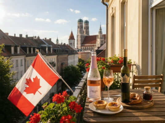 Münchner Stadtbalkon mit Blick auf die Frauenkirche: Holztisch mit kanadischer Flagge, zwei Butter Tarts auf einem weißen Teller, einer Brezel, einem Glas roséfarbenem kanadischen Eiswein und einer Flasche kanadischem Weißwein – Canada Day mitten in Bayern.