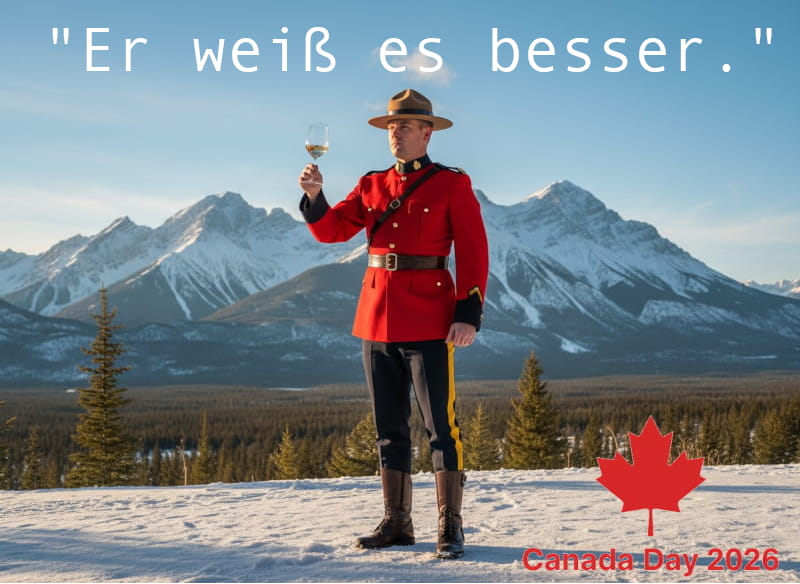 Kanadischer Mountie in roter RCMP-Uniform prüft ein Weinglas vor schneebedeckten Rocky Mountains – Kanada als Weinland, Canada Day 2026