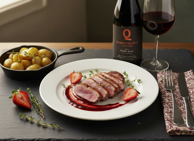 Entenmagret in Scheiben geschnitten mit glänzend knuspriger Haut auf dunkelroter Erdbeer-Balsamico-Sauce, frische Erdbeerhälften und Thymian daneben, ein Rotweinglas mit leuchtendem Pinot Noir im Hintergrund