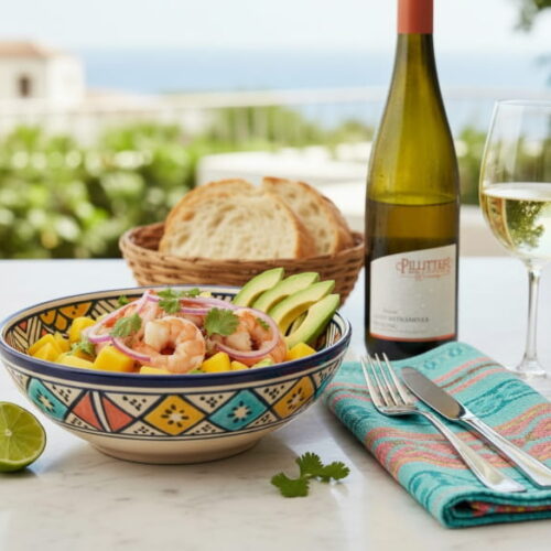 Garnelen-Ceviche mit leuchtend rosa Garnelen, gelben Mangowürfeln, grünem Koriander und Avocadoscheiben in einer weißen Schale, daneben ein Weißweinglas mit goldenem Pillitteri Gewürztraminer Riesling