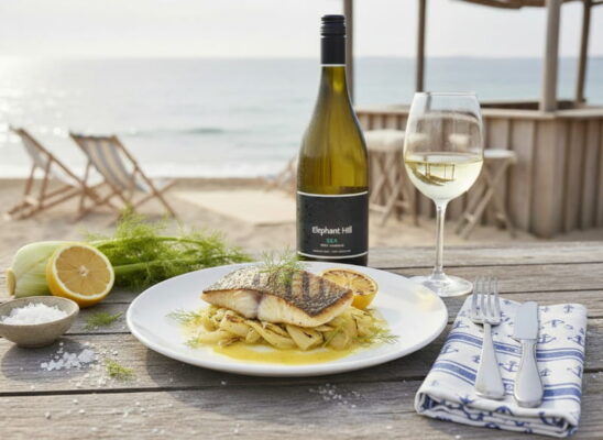 Gegrillter Wolfsbarsch mit knuspriger goldbrauner Haut auf karamellisiertem Fenchelconfit, umgeben von Zitronenbutter-Sauce, daneben ein elegantes Weißweinglas mit hellgoldenem Viognier, frisches Fenchelgrün und Zitronenscheibe als Dekoration