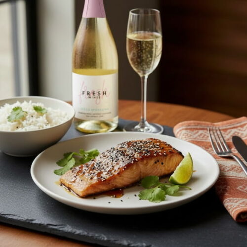 Ahornglasierter Lachsfilet mit karamellisierter Glasur, schwarzem und weißem Sesam und frischen Korianderblättern auf einem weißen Teller, daneben ein Sektglas mit goldenem Riesling-Secco