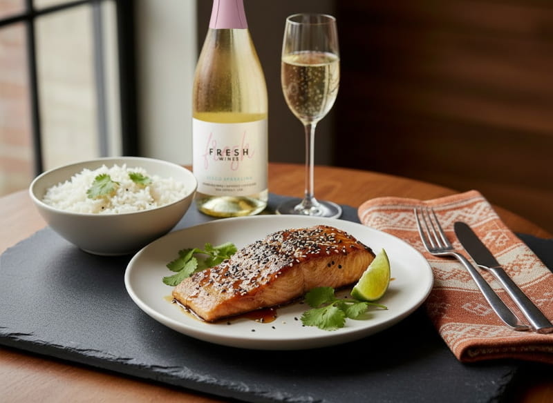 Ahornglasierter Lachsfilet mit karamellisierter Glasur, schwarzem und weißem Sesam und frischen Korianderblättern auf einem weißen Teller, daneben ein Sektglas mit goldenem Riesling-Secco