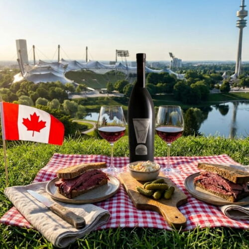 Aufgeschnittenes Montreal Smoked Meat Sandwich auf dunklem Roggenbrot mit gelbem Senf, zartrosa Fleischscheiben sichtbar, daneben ein breites Rotweinglas mit tiefem Rubinrot und Cornichons auf rustikalem Holztisch