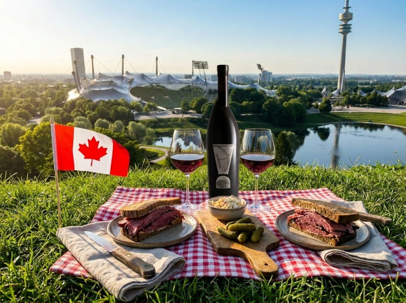 Aufgeschnittenes Montreal Smoked Meat Sandwich auf dunklem Roggenbrot mit gelbem Senf, zartrosa Fleischscheiben sichtbar, daneben ein breites Rotweinglas mit tiefem Rubinrot und Cornichons auf rustikalem Holztisch