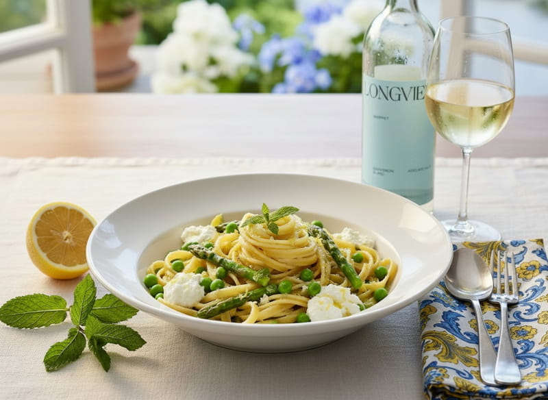 Pasta Primavera mit grünem Spargel, Erbsen und Zitronen-Ricotta in einer weißen tiefen Schüssel, daneben ein schlankes Weißweinglas mit hellgoldenem Sauvignon Blanc, frische Zitrone und Kräuter als Dekoration