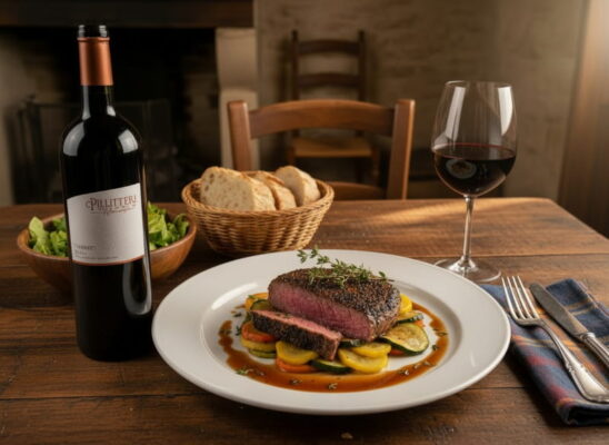 Aufgeschnittenes Pfeffersteak mit dunkler Kruste auf Zucchini-Ratatouille, Thymianjus darübergegossen, daneben ein breites Rotweinglas mit tiefem Rubinrot, Thymianzweige als Dekoration