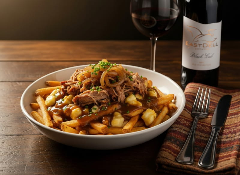 Tiefer Teller mit Poutine Deluxe – goldbraune Pommes unter dunkler Gravy, Käsebruch angeschmolzen, Pulled Pork und karamellisierte Zwiebeln obenauf, daneben ein Rotweinglas mit tiefem Rubinrot