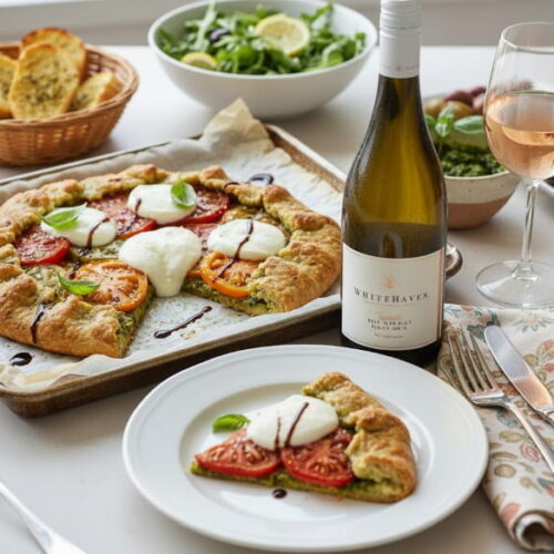 Goldbraune Caprese-Galette mit Büffelmozzarella, bunten Tomaten und Basilikumpesto auf Backblech, daneben ein Glas roségoldener Pinot Gris von Whitehaven Tussocks aus Marlborough, Neuseeland