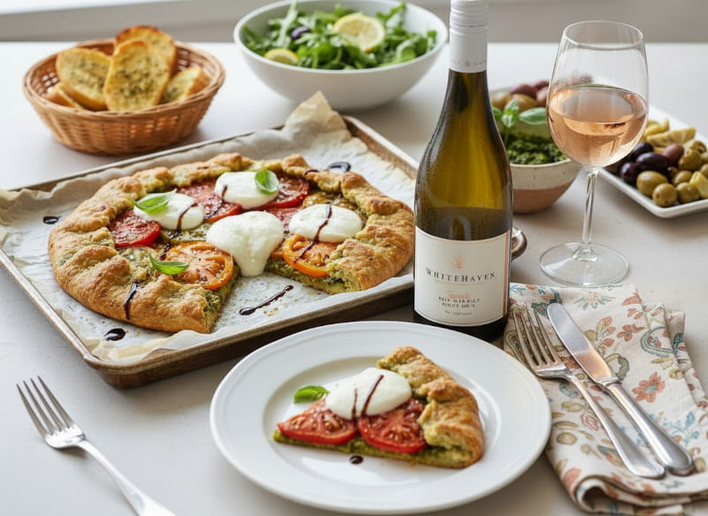 Goldbraune Caprese-Galette mit Büffelmozzarella, bunten Tomaten und Basilikumpesto auf Backblech, daneben ein Glas roségoldener Pinot Gris von Whitehaven Tussocks aus Marlborough, Neuseeland