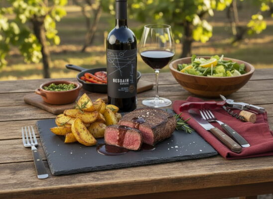 Chilenisches Lomo-Steak mit Cabernet-Schokoladen-Jus und Papas al Horno auf dunklem Steinteller, daneben ein Glas Cabernet Sauvignon von Besoaín Estate aus dem Maipo Valley, Chile