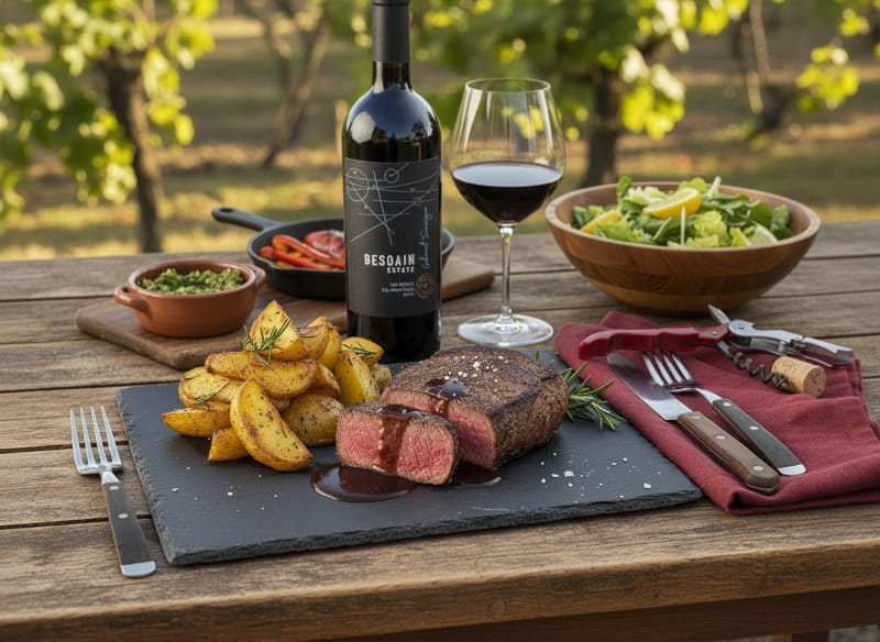 Chilenisches Lomo-Steak mit Cabernet-Schokoladen-Jus und Papas al Horno auf dunklem Steinteller, daneben ein Glas Cabernet Sauvignon von Besoaín Estate aus dem Maipo Valley, Chile