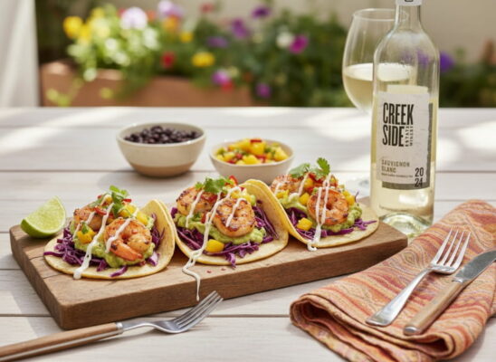 Garnelen-Tacos mit Mango-Salsa, Avocadocreme und Limetten-Crema auf rustikalem Holzbrett, daneben ein Glas Sauvignon Blanc von Creekside Estate aus Niagara, Kanada