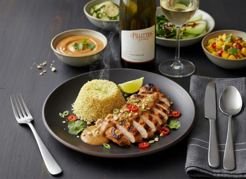 Gegrillte Maispoularde mit Erdnuss-Satay-Sauce und Jasminreis auf dunklem Teller, daneben ein Glas Gewürztraminer-Riesling Fusion von Pillitteri Estates aus Niagara, Kanada
