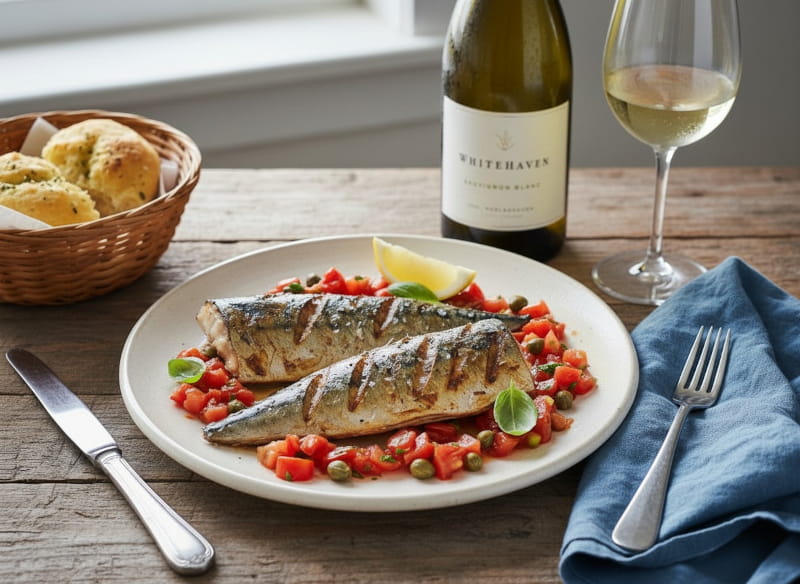 Gegrillte Makrele mit knuspriger Haut auf Focaccia, dazu Tomaten-Kapern-Salsa und ein schlankes Weißweinglas mit Sauvignon Blanc aus Marlborough, Neuseeland