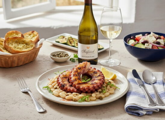 Gegrillter Oktopus mit weißen Bohnen und Zitronen-Kapern-Vinaigrette auf weißem Keramikteller, daneben ein Glas Sauvignon Blanc aus Nelson, Neuseeland