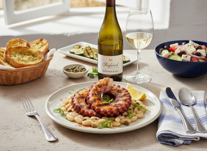 Gegrillter Oktopus mit weißen Bohnen und Zitronen-Kapern-Vinaigrette auf weißem Keramikteller, daneben ein Glas Sauvignon Blanc aus Nelson, Neuseeland