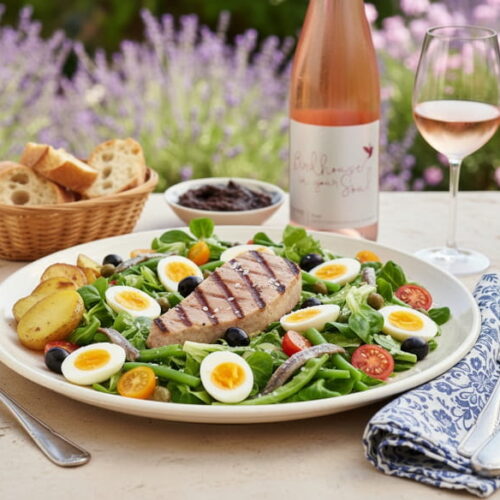 Niçoise-Salat mit gegrilltem Thunfisch, Wachteleiern, grünen Bohnen und Kapern auf weißem Teller, daneben ein Glas Rosé von Claymore Wines aus dem Clare Valley, Australien