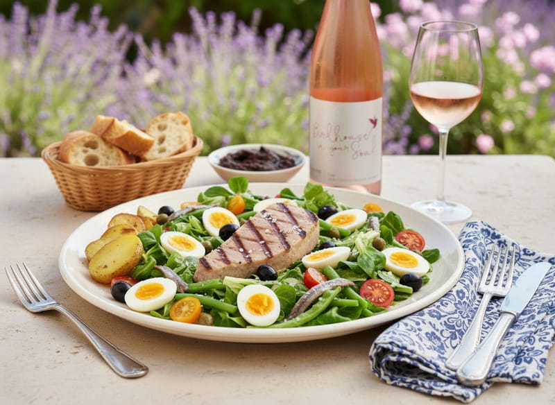 Niçoise-Salat mit gegrilltem Thunfisch, Wachteleiern, grünen Bohnen und Kapern auf weißem Teller, daneben ein Glas Rosé von Claymore Wines aus dem Clare Valley, Australien