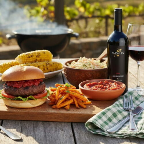 Südafrikanischer Braai-Burger mit Chakalaka-Relish und Süßkartoffelchips auf rustikalem Holzbrett, daneben ein Glas Accordance von Mischa Estate aus Wellington, Südafrika