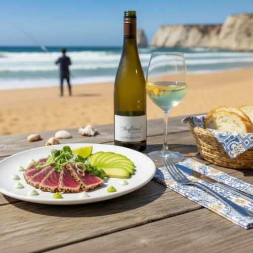 Tuna-Tataki mit Sesam-Kruste, Avocado und Wasabi-Creme auf einem weißen Teller, dazu eine Flasche Seifried Grüner Veltliner 2022 aus Nelson, Neuseeland – serviert an einer Strandbar in der Algarve mit Meerblick und Angler im Hintergrund.