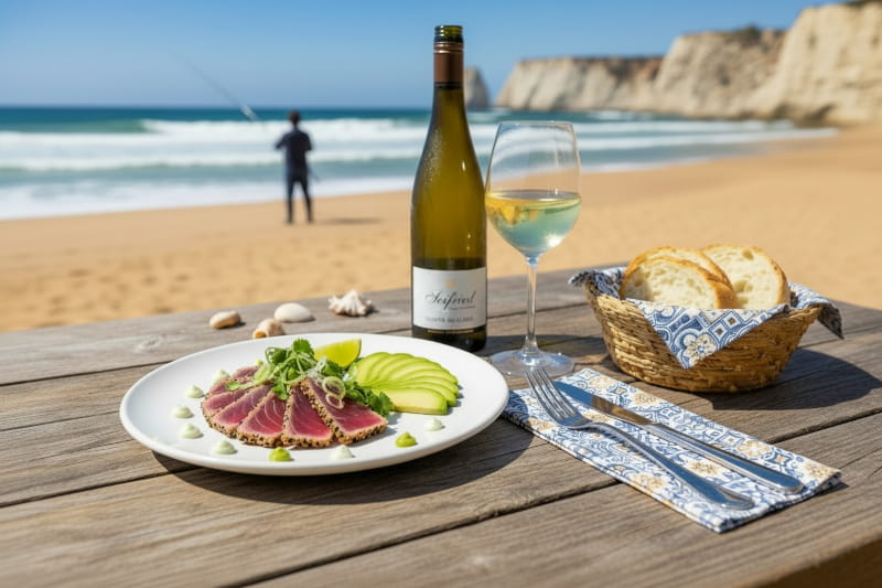 Tuna-Tataki mit Sesam-Kruste, Avocado und Wasabi-Creme auf einem weißen Teller, dazu eine Flasche Seifried Grüner Veltliner 2022 aus Nelson, Neuseeland – serviert an einer Strandbar in der Algarve mit Meerblick und Angler im Hintergrund.
