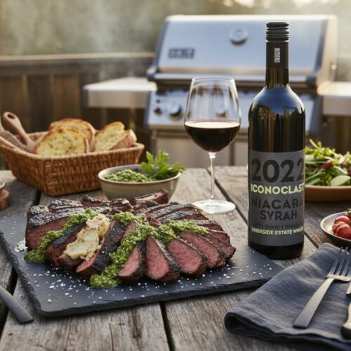 Dry Aged Ribeye mit geröstetem Knochenmark und Salsa Verde auf dunklem Schieferbrett, daneben ein Glas Creekside Iconoclast Syrah aus Niagara, Kanada