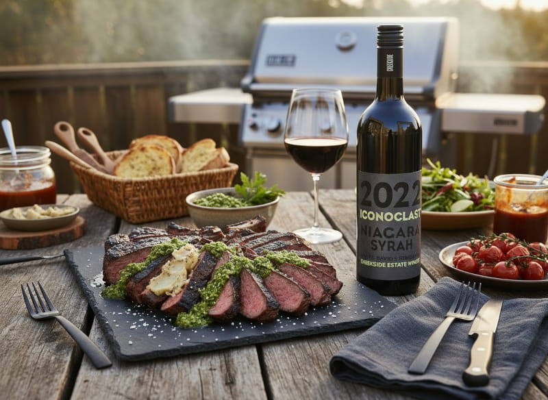 Dry Aged Ribeye mit geröstetem Knochenmark und Salsa Verde auf dunklem Schieferbrett, daneben ein Glas Creekside Iconoclast Syrah aus Niagara, Kanada