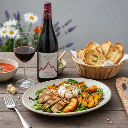 Lauwarmer Hähnchen-Pfirsich-Salat mit Burrata und einem Glas Pinot Noir aus Neuseeland