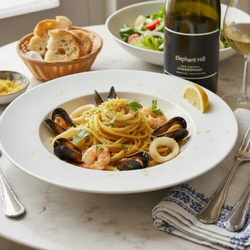 Linguine ai Frutti di Mare mit Muscheln, Garnelen, Tintenfisch und Bottarga in tiefem weißen Teller, daneben ein Glas Elephant Hill Reserve Chardonnay aus Hawke's Bay, Neuseeland
