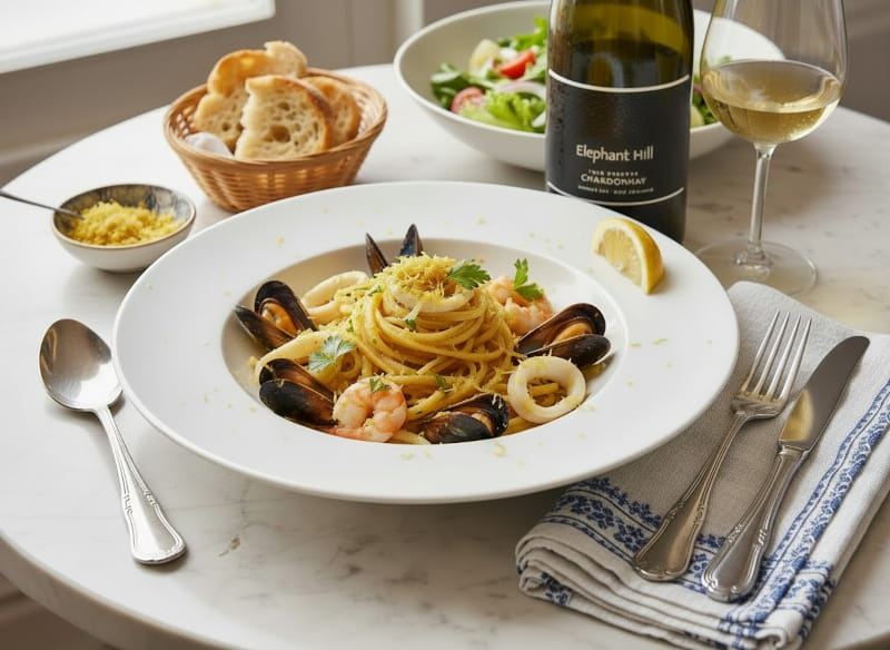 Linguine ai Frutti di Mare mit Muscheln, Garnelen, Tintenfisch und Bottarga in tiefem weißen Teller, daneben ein Glas Elephant Hill Reserve Chardonnay aus Hawke's Bay, Neuseeland