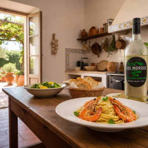 Spaghetti al Limone mit großen Garnelen, frisch geriebenem Parmesan und Petersilie auf weißem Teller, serviert in einer sizilianischen Landhausküche mit Majolika-Fliesen und Terrassenblick – dazu eine Flasche Los Morros Sauvignon Blanc 2022 aus dem chilenischen Central Valley und ein gefülltes Weißweinglas.