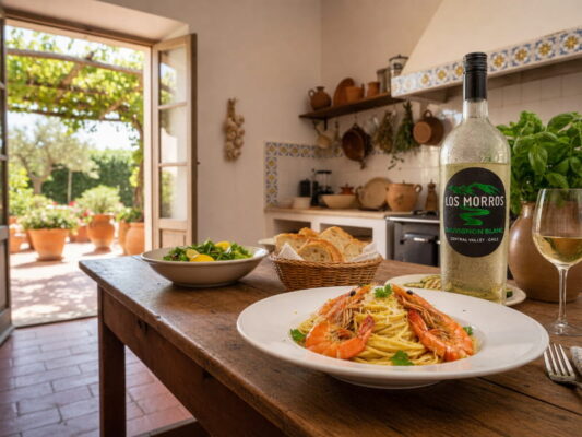 Spaghetti al Limone mit großen Garnelen, frisch geriebenem Parmesan und Petersilie auf weißem Teller, serviert in einer sizilianischen Landhausküche mit Majolika-Fliesen und Terrassenblick – dazu eine Flasche Los Morros Sauvignon Blanc 2022 aus dem chilenischen Central Valley und ein gefülltes Weißweinglas.