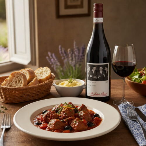Provenzalische Lamm-Daube mit Oliven, Tomaten und Kräutern in tiefem Keramikteller, daneben ein Glas Grenache Mataro Shiraz von St. John's Road aus dem Barossa Valley, Australien