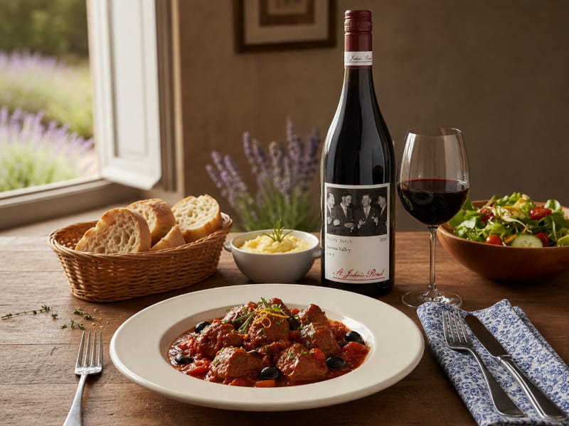 Provenzalische Lamm-Daube mit Oliven, Tomaten und Kräutern in tiefem Keramikteller, daneben ein Glas Grenache Mataro Shiraz von St. John's Road aus dem Barossa Valley, Australien