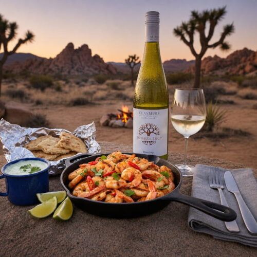 Salt-and-Pepper Garnelen in gusseiserner Pfanne über dem Lagerfeuer mit Limetten-Koriander-Dip, daneben ein Glas Claymore Joshua Tree Riesling aus dem Clare Valley, Australien, Sonnenuntergang über Wüstenlandschaft