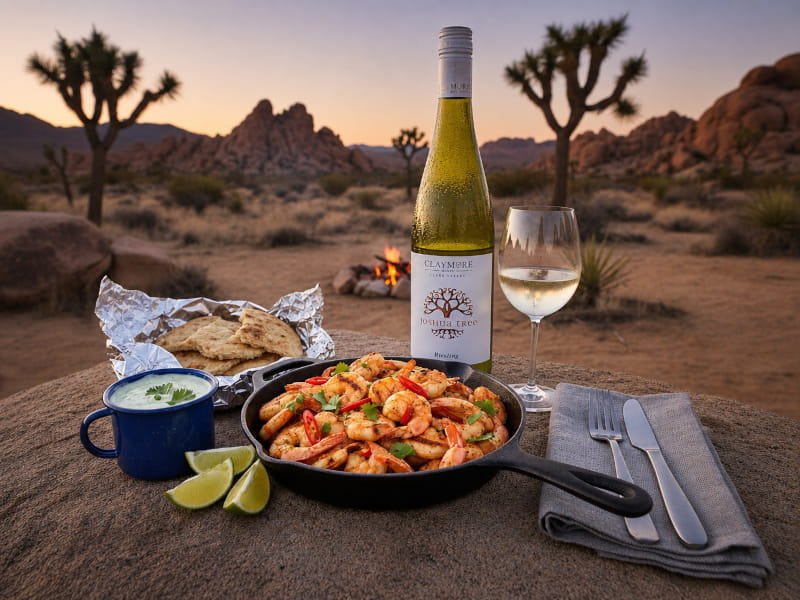 Salt-and-Pepper Garnelen in gusseiserner Pfanne über dem Lagerfeuer mit Limetten-Koriander-Dip, daneben ein Glas Claymore Joshua Tree Riesling aus dem Clare Valley, Australien, Sonnenuntergang über Wüstenlandschaft