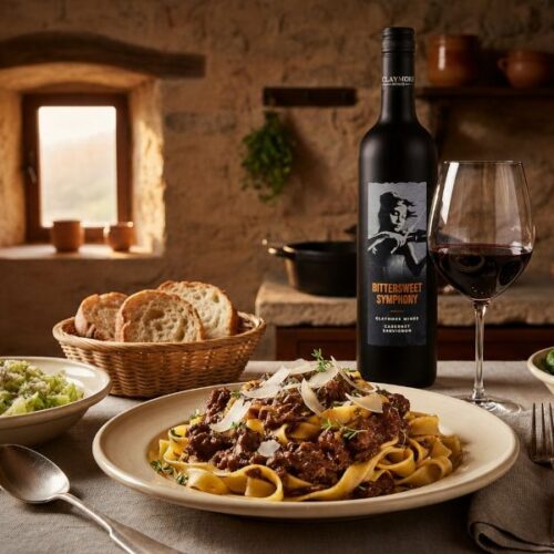 Teller mit Pappardelle und Wildschweinragout, gehobeltem Parmesan und Thymian, daneben ein Rotweinglas mit Cabernet Sauvignon