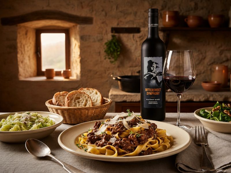 Teller mit Pappardelle und Wildschweinragout, gehobeltem Parmesan und Thymian, daneben ein Rotweinglas mit Cabernet Sauvignon